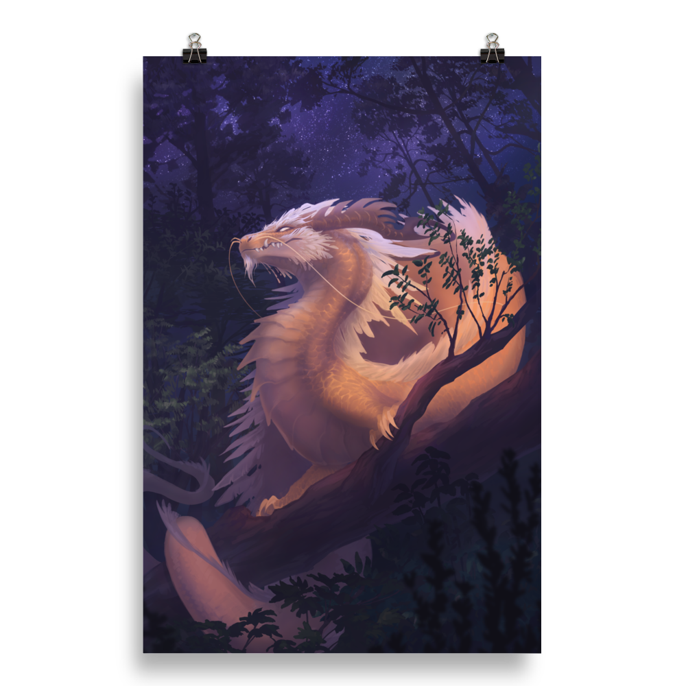Golden dragon with starry night sky nightscape forest purple long lung eastern noodle asian chinese dragon
