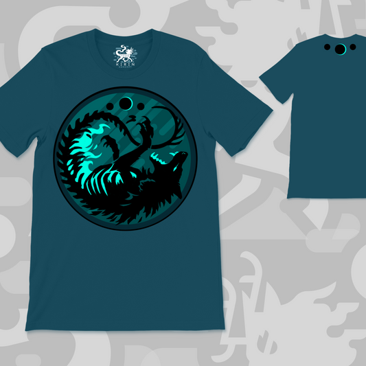 Wolf fenrir chasing phases of the moon on a aquamarine green blue shirt
